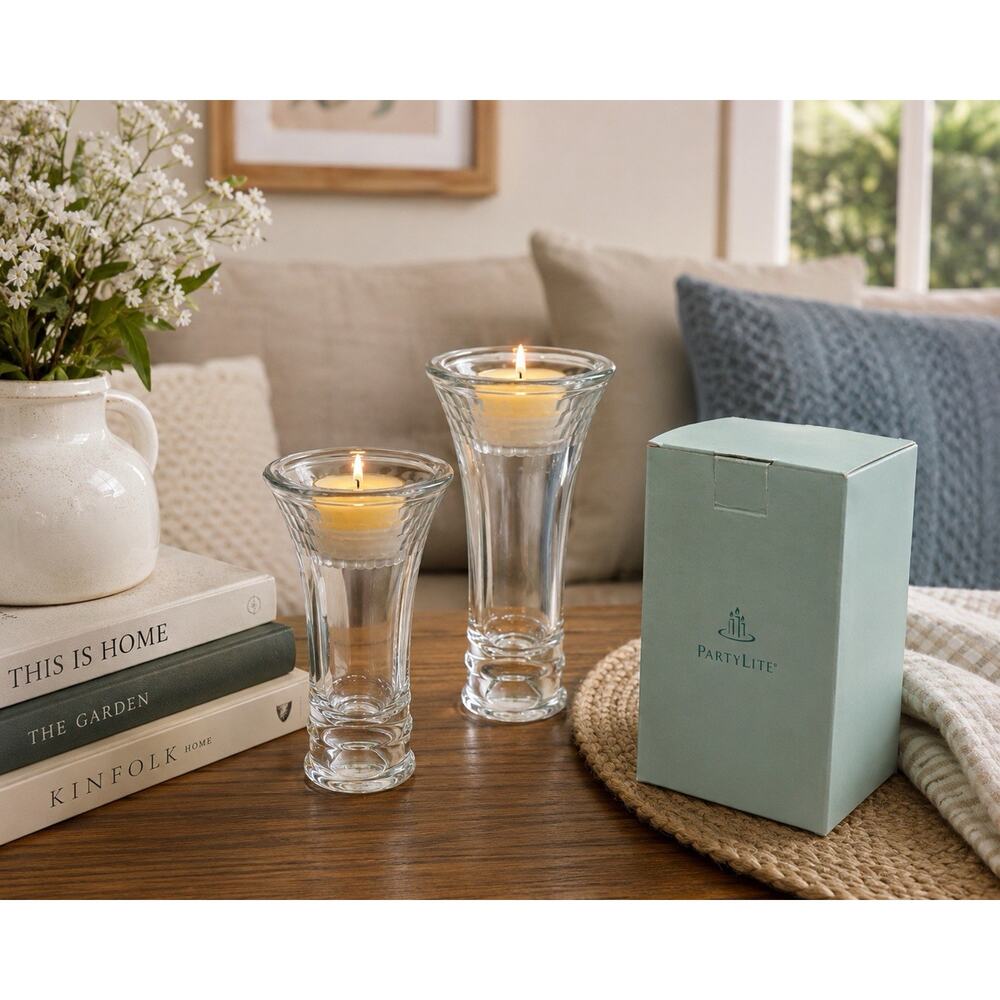 PartyLite Clarity Aqua Glass Taper Tealight Holders Set 2 w Boxes EUC